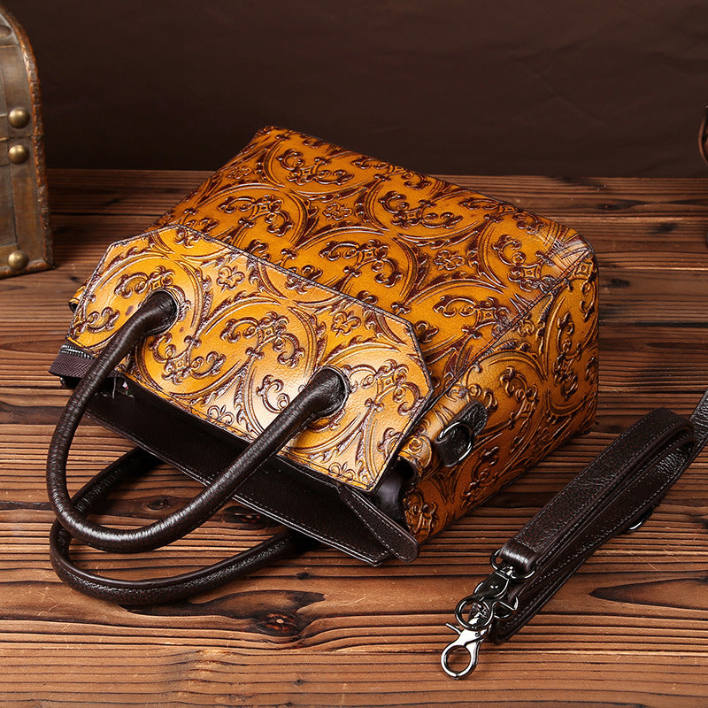 Women's First Layer Cowhide Floral Embossed Retro Handbag – Hand-Polished Messenger Bag
