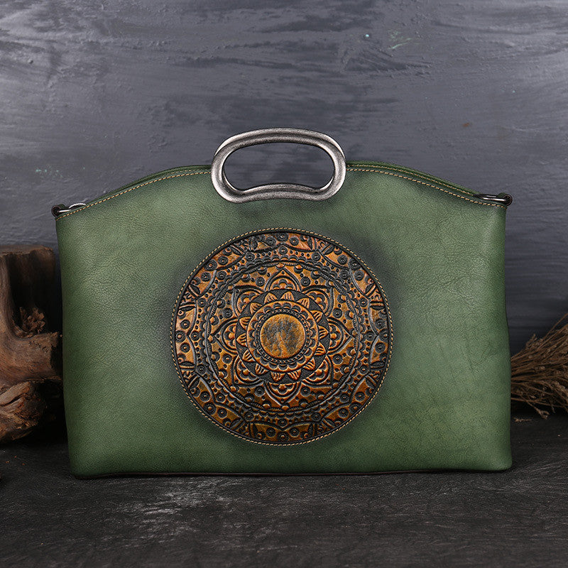 Women's Top Layer Cowhide Embossed Tote Bag – Retro Genuine Leather Shoulder Handbag