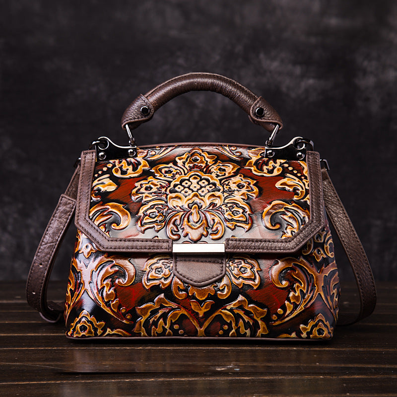 Women's Genuine Leather Floral Embossed Shoulder Bag – Retro National Style Messenger Bag