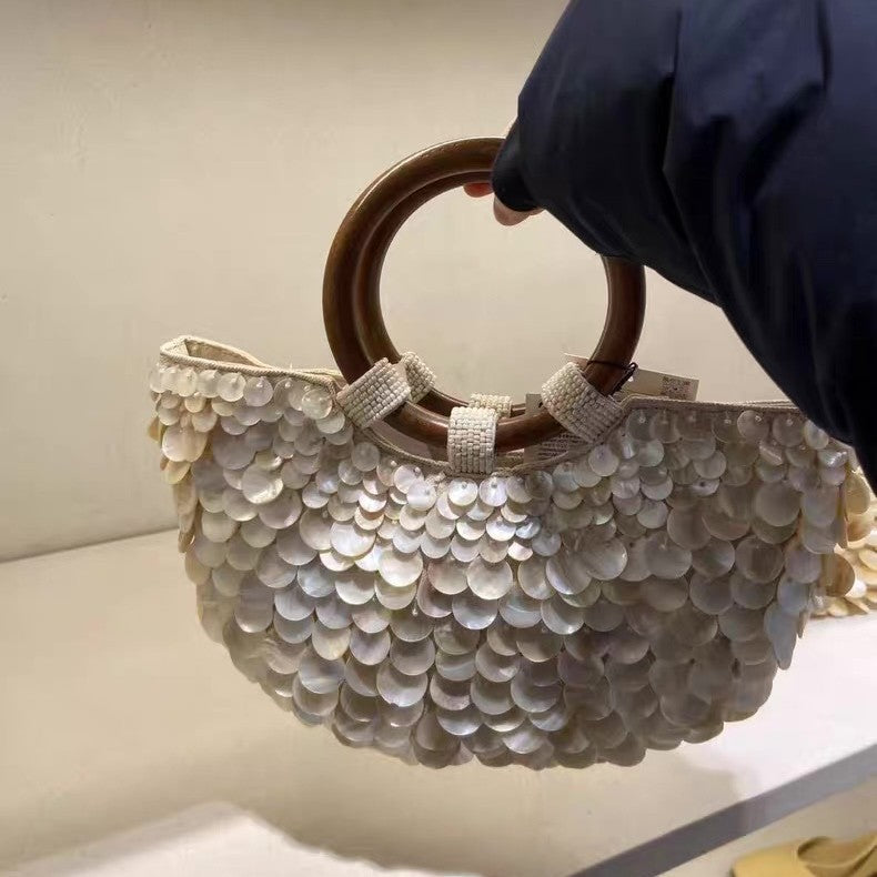 Women's Handmade Natural Shell Bag – Woven PU Square Shoulder Handbag