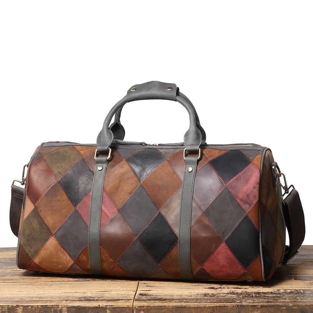 Vintage Genuine Leather Travel Bag – First Layer Cowhide Rhombus Holdall for Men & Women