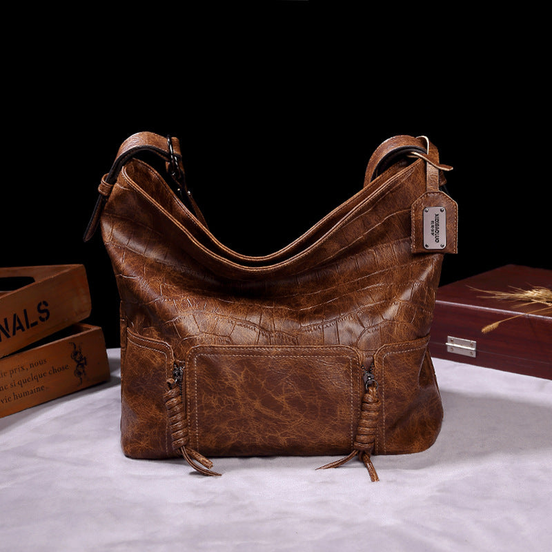 Women's Embossed Genuine Leather Bucket Bag – Retro Underarm Shoulder Crossbody
