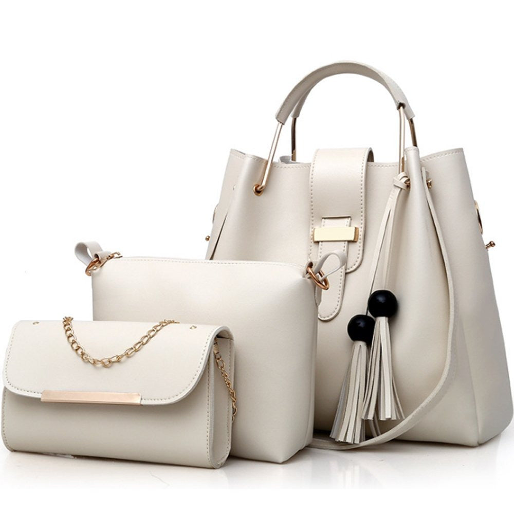 Women's 3-Piece Tassel Handbag Set – Tote, Crossbody & Clutch in Synthetic Leather