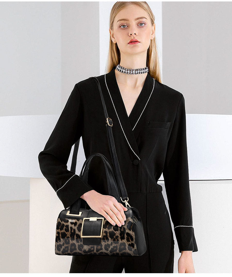 Women's Genuine Cowhide Leopard Print Shoulder Bag – Large Capacity Soft Leather Messenger Bag
