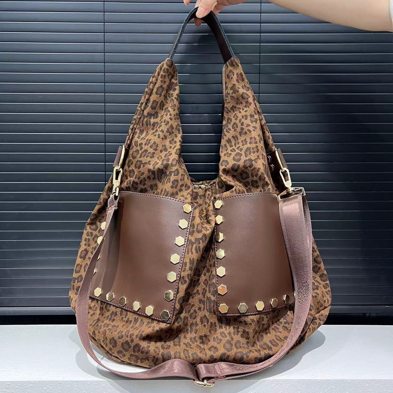 Women's Retro Leopard Print Bucket Bag – Large Capacity PU Patchwork Handbag