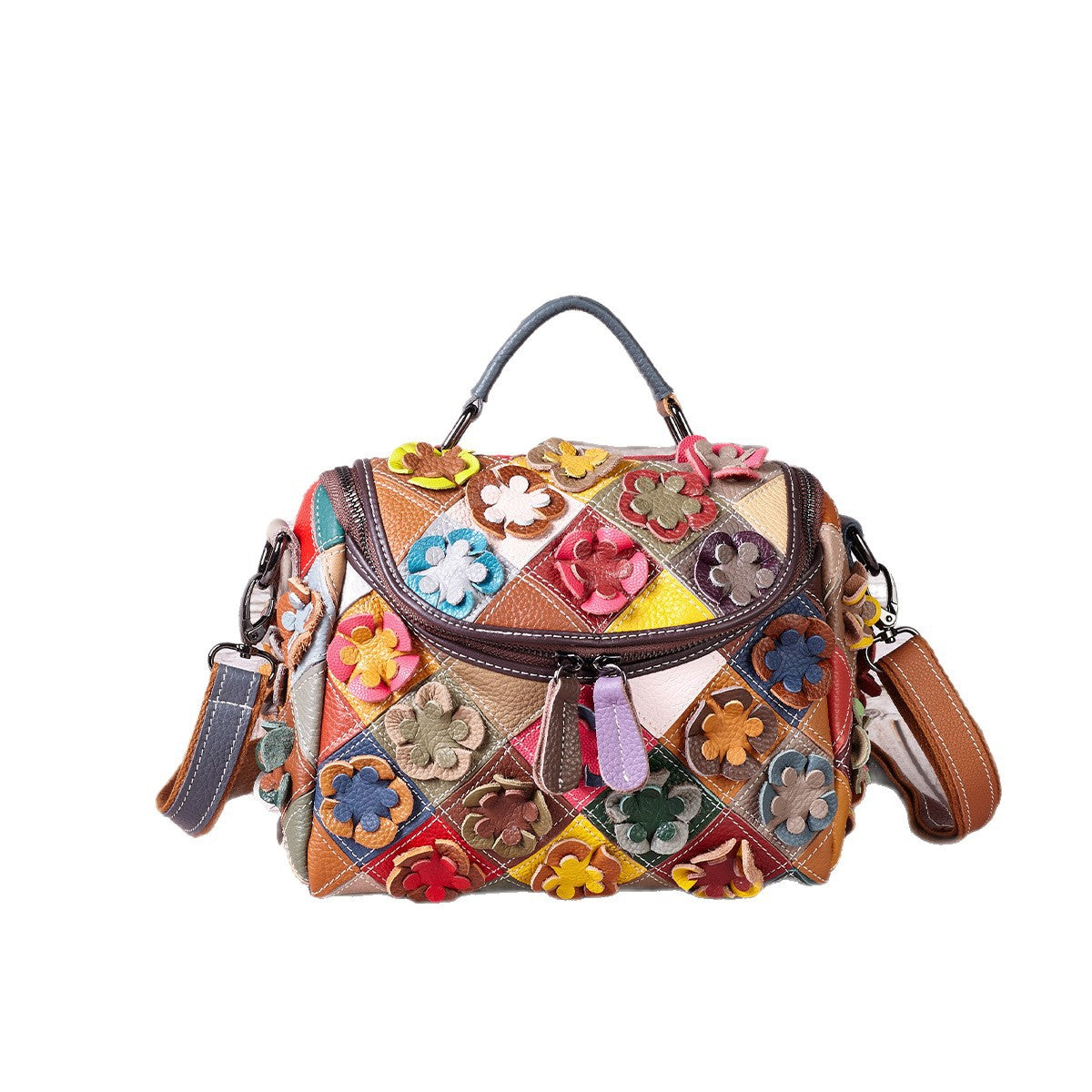 Women's Full-Grain Leather Floral Patchwork Tote Bag – Contrast Colour Quilted Shoulder Bag