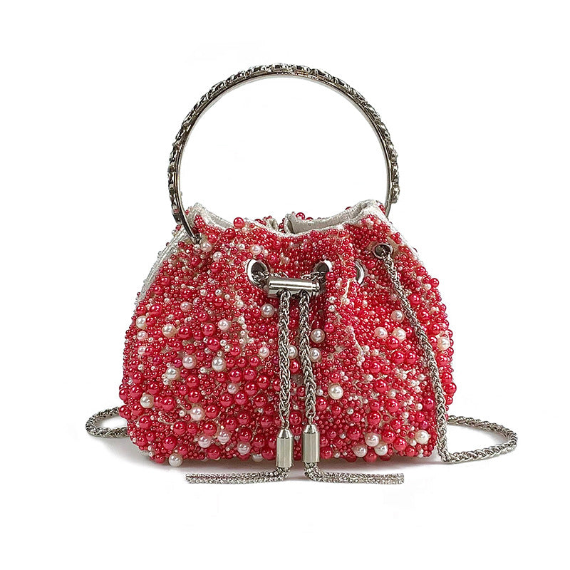 Women's Pearl Bucket Bag – Acrylic Beaded Crossbody with Chain Strap