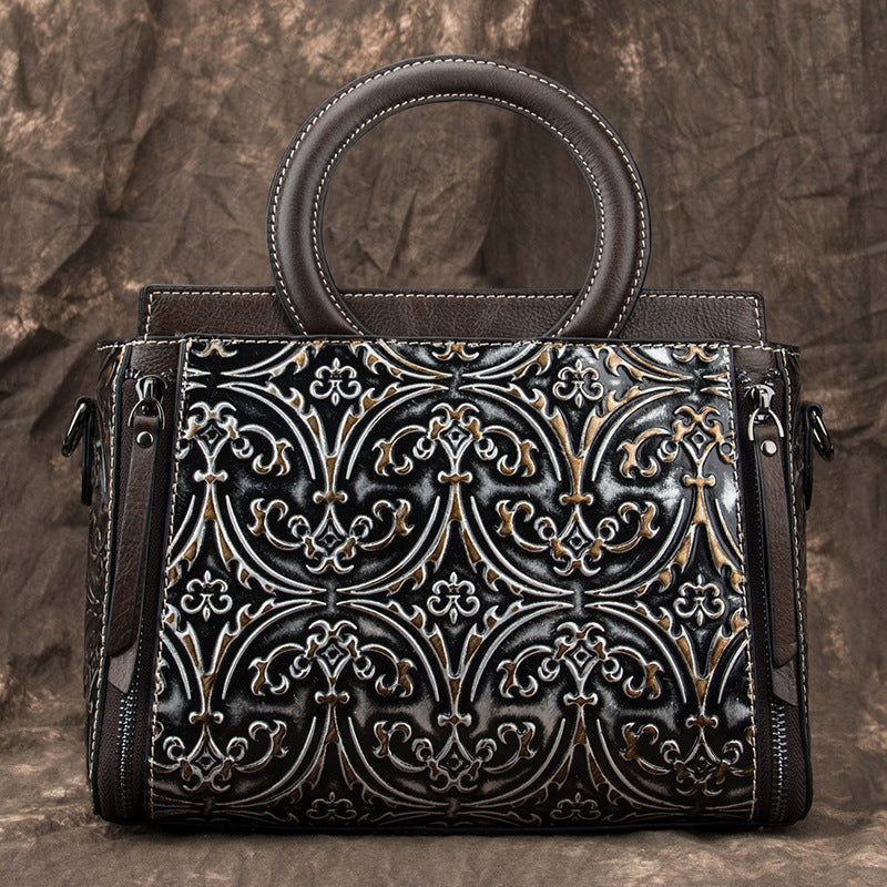 Women's Retro First-Layer Cowhide Embossed Shoulder & Crossbody Bag – Genuine Leather Handbag