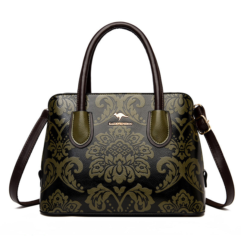 Women's Cowhide Ethnic Floral Embossed Shoulder Bag – Large Genuine Leather Crossbody with Card Bag