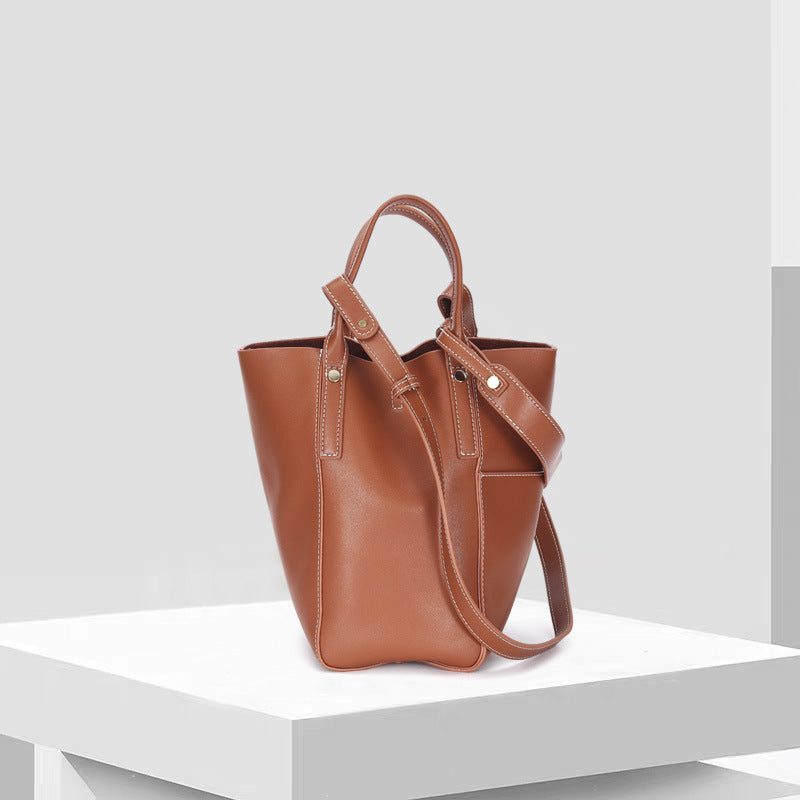 Women's Two-Layer Cowhide Bucket Bag – Soft Leather Mother & Child Shoulder Bag