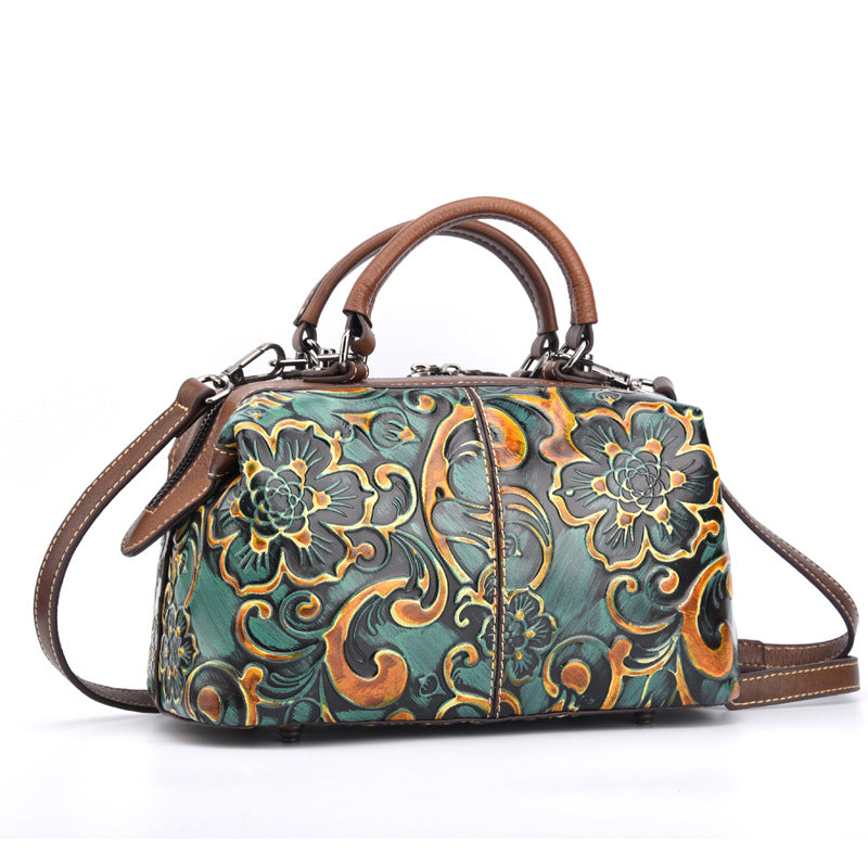 Women's First Layer Cowhide Hand-printed Handbag – Colourful Fashion Casual Leather Bag
