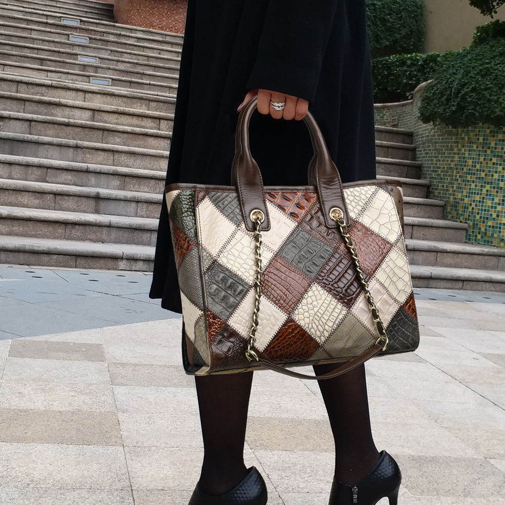 Women's Genuine Leather Contrast Colour Plaid Bag – Light Luxury Trendy Handbag