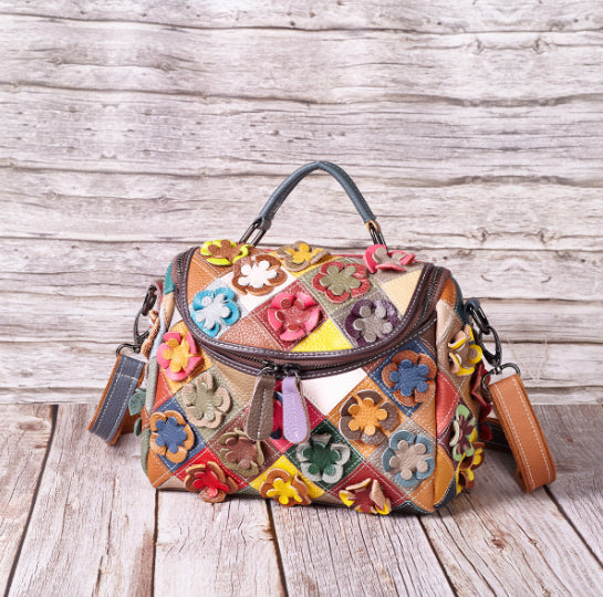 Women's Full-Grain Leather Floral Patchwork Tote Bag – Contrast Colour Quilted Shoulder Bag