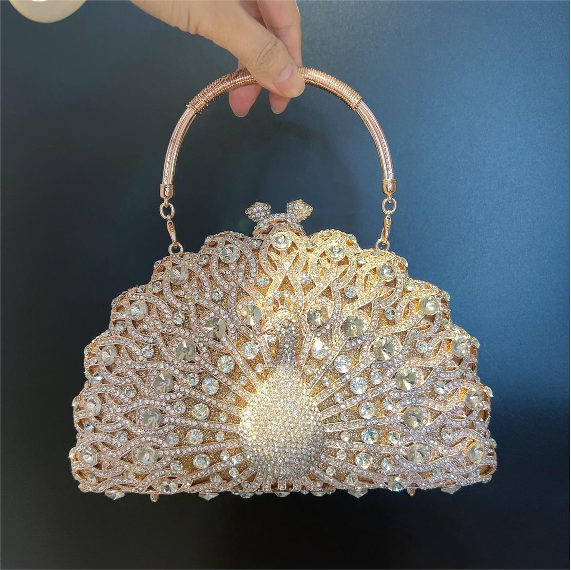 Women's Luxury Peacock Diamond Evening Bag – Alloy Clutch with Chain Strap