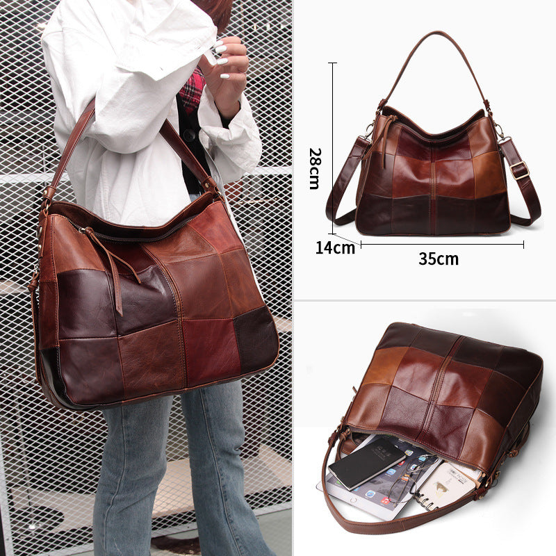 Women's First Layer Cowhide Colour Stitching Bucket Bag – Lacquered Genuine Leather Shoulder Bag