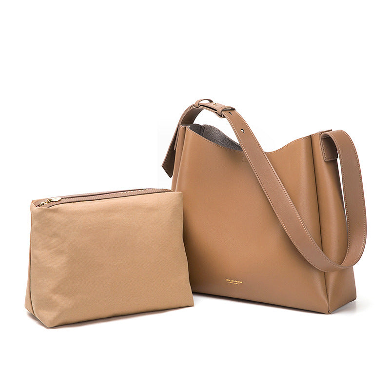 Women's Two-Layer Cowhide Bucket Tote Bag – Large Capacity Genuine Leather Shoulder Bag