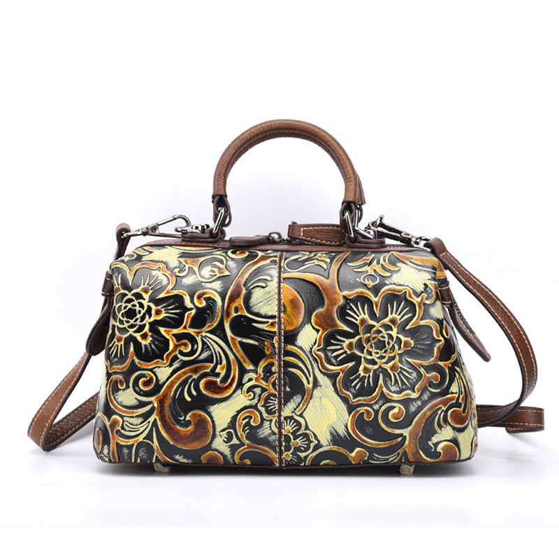 Women's First Layer Cowhide Hand-printed Handbag – Colourful Fashion Casual Leather Bag