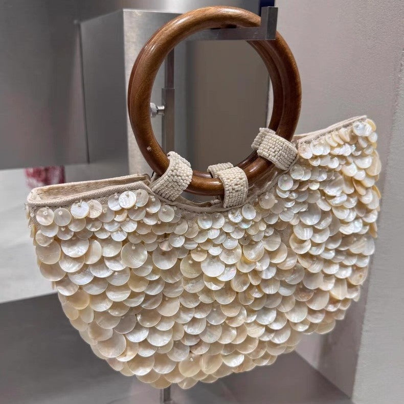 Women's Handmade Natural Shell Bag – Woven PU Square Shoulder Handbag