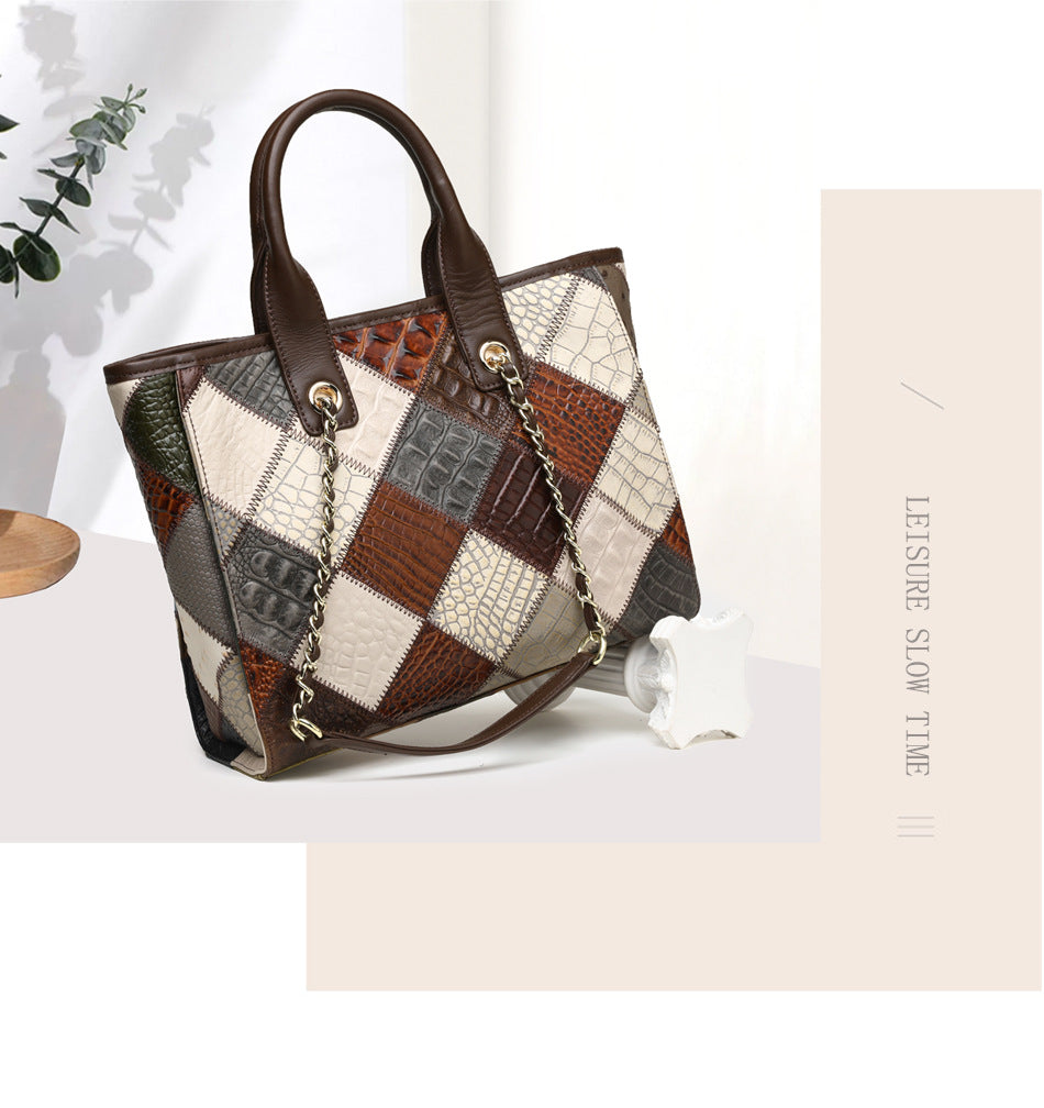 Women's Genuine Leather Contrast Colour Plaid Bag – Light Luxury Trendy Handbag