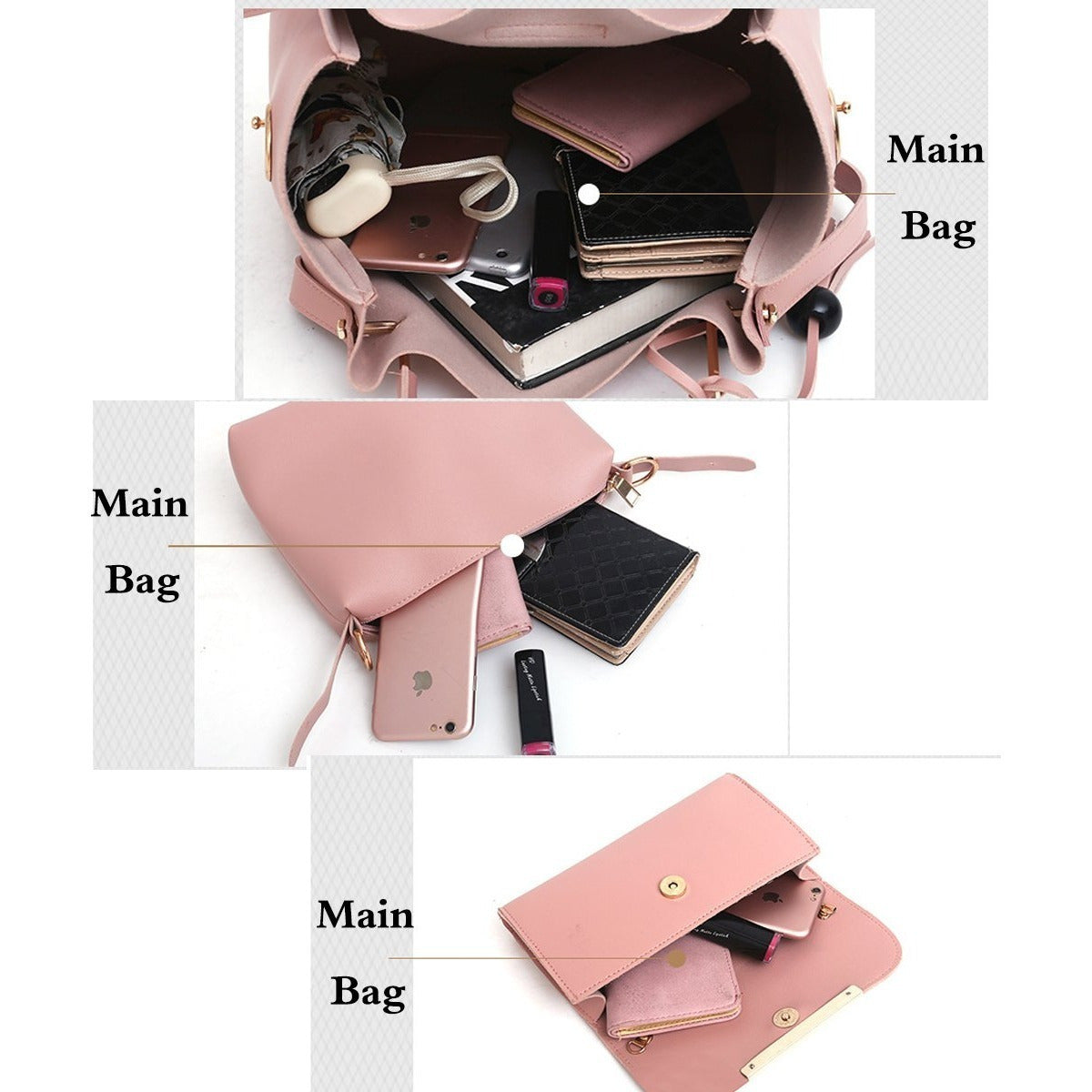 Women's 3-Piece Tassel Handbag Set – Tote, Crossbody & Clutch in Synthetic Leather