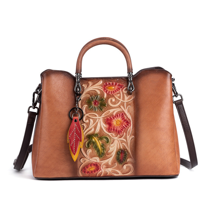 Retro Embossed Genuine Leather Tote Bag – Distressed Large Capacity Shopper