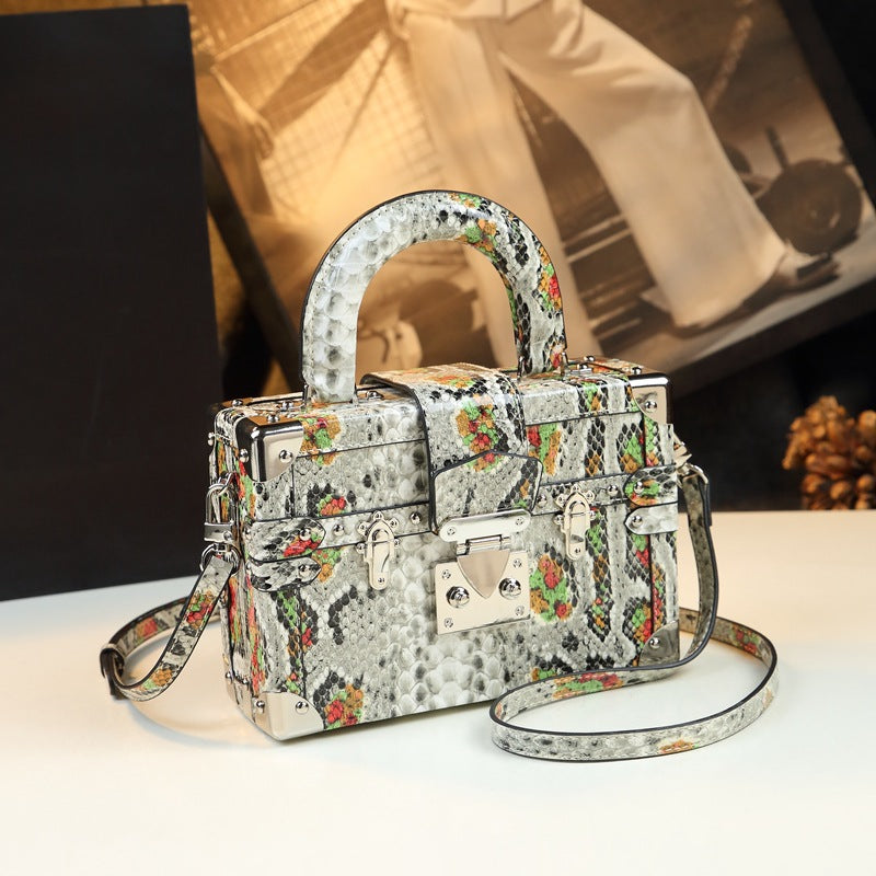 Snakeskin Leather Box Bag – Women's Structured Handheld Fashion Bag