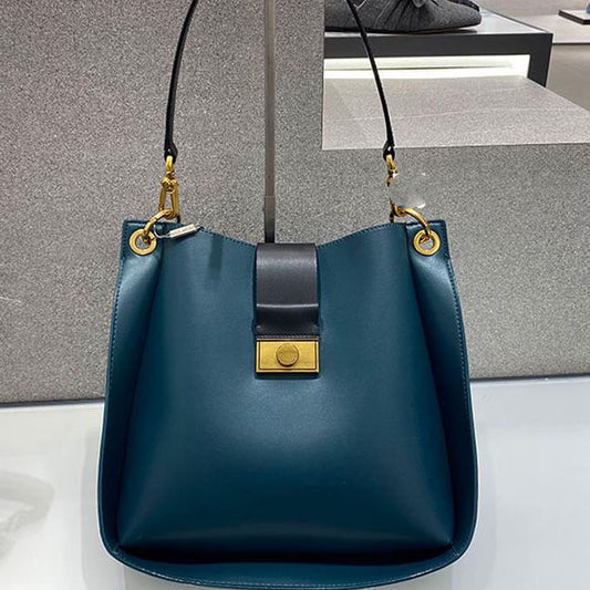 Women's Round Buckle Axe-Shape Tote Bag – Solid Colour PU Commuter Handbag