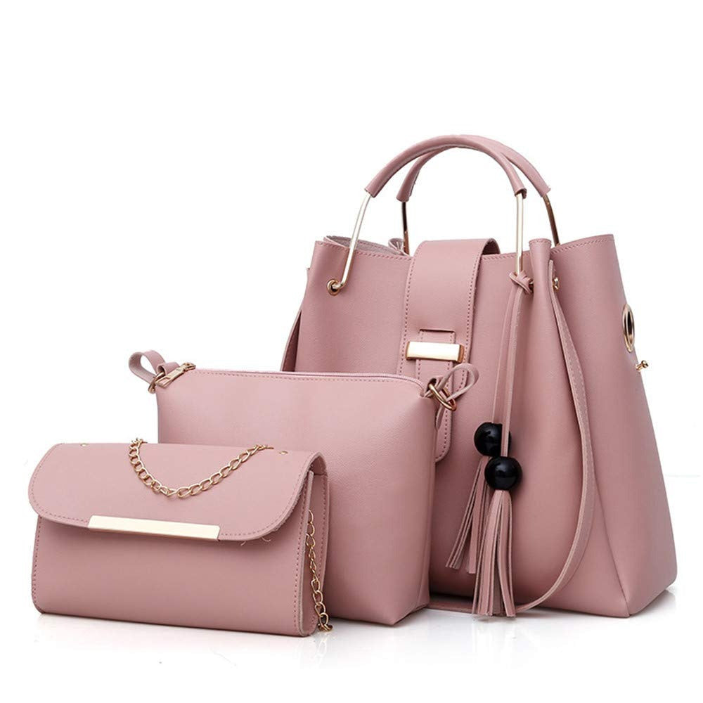 Women's 3-Piece Tassel Handbag Set – Tote, Crossbody & Clutch in Synthetic Leather