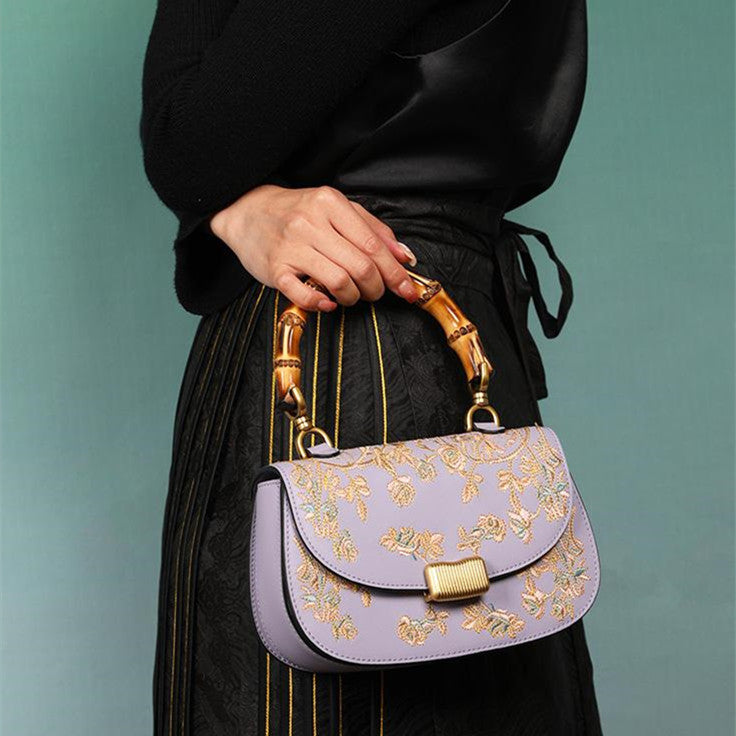 Women's Cowhide Leather Embroidered Bamboo Handbag – Artisan Boho Shoulder Bag