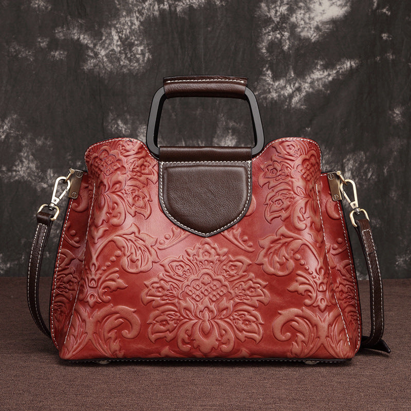 Women's Genuine Leather Doctor Bag – Cowhide Zipper Messenger Handbag in Red