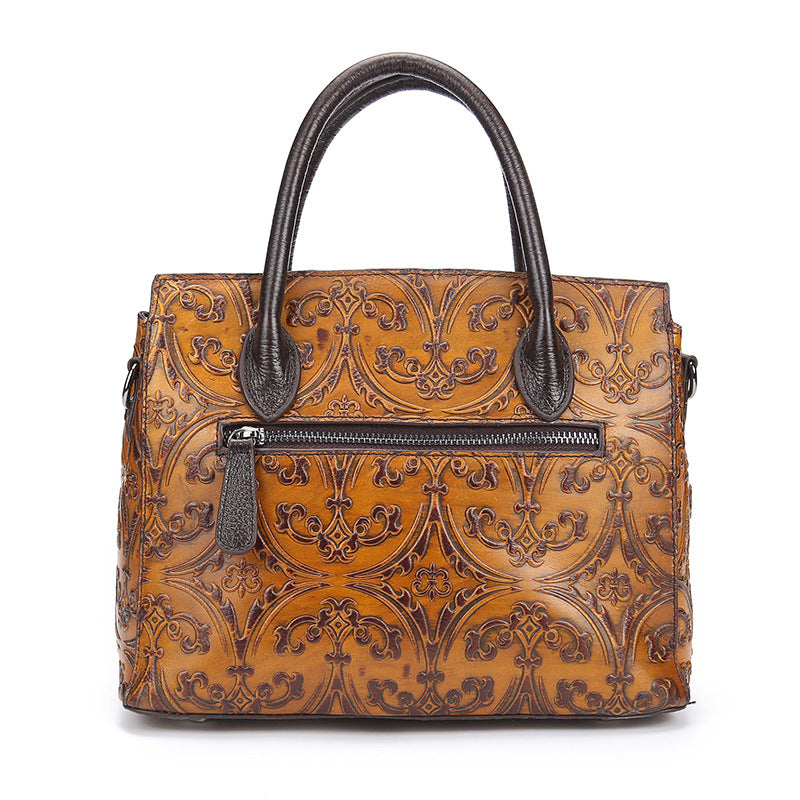Women's First Layer Cowhide Floral Embossed Retro Handbag – Hand-Polished Messenger Bag