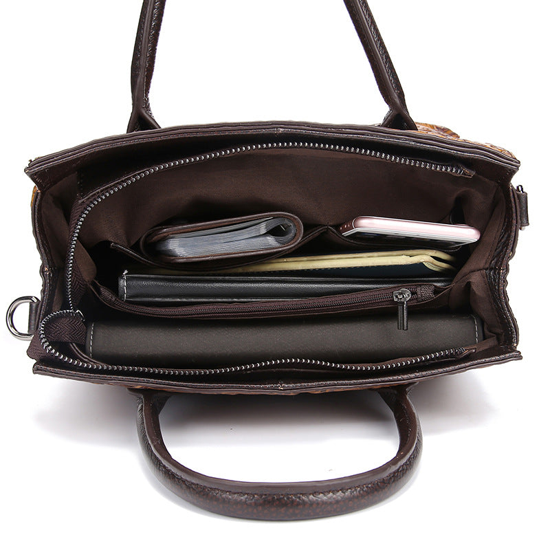 Women's First Layer Cowhide Floral Embossed Retro Handbag – Hand-Polished Messenger Bag