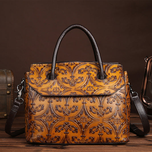 Women's First Layer Cowhide Floral Embossed Retro Handbag – Hand-Polished Messenger Bag