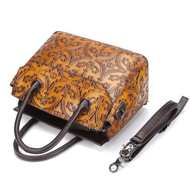 Women's First Layer Cowhide Floral Embossed Retro Handbag – Hand-Polished Messenger Bag