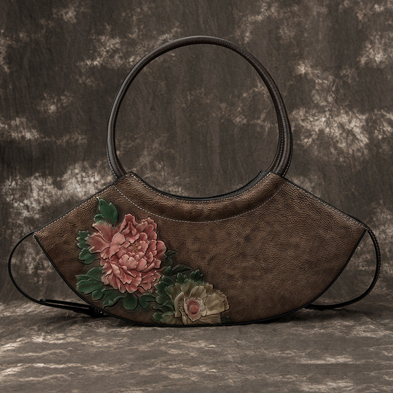 Women's First Layer Cowhide Floral Crescent Bag – Retro Genuine Leather Messenger Bag
