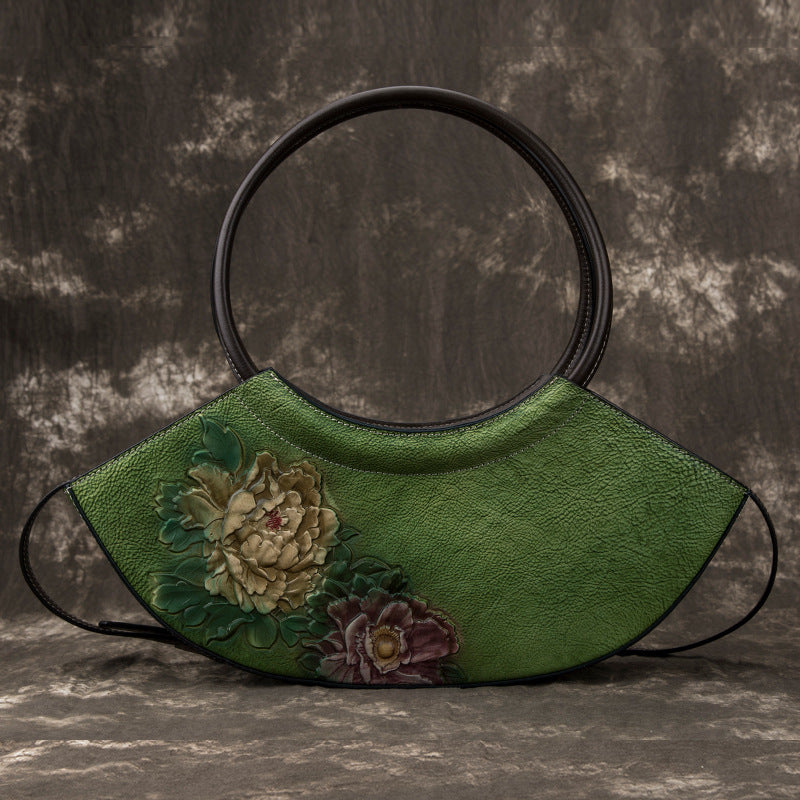 Women's First Layer Cowhide Floral Crescent Bag – Retro Genuine Leather Messenger Bag