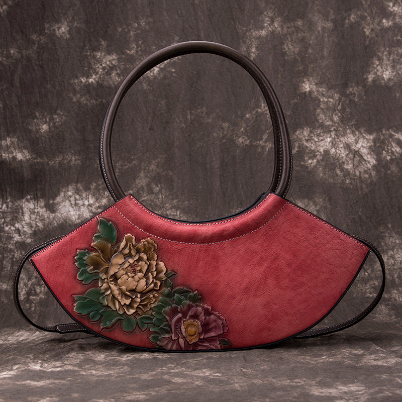 Women's First Layer Cowhide Floral Crescent Bag – Retro Genuine Leather Messenger Bag