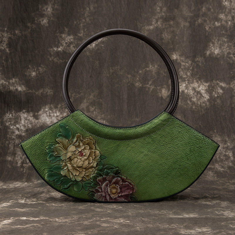 Women's First Layer Cowhide Floral Crescent Bag – Retro Genuine Leather Messenger Bag