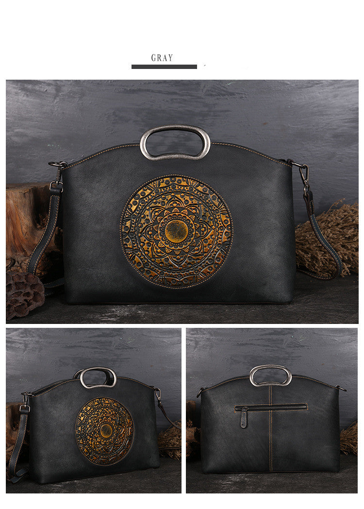 Women's Top Layer Cowhide Embossed Tote Bag – Retro Genuine Leather Shoulder Handbag