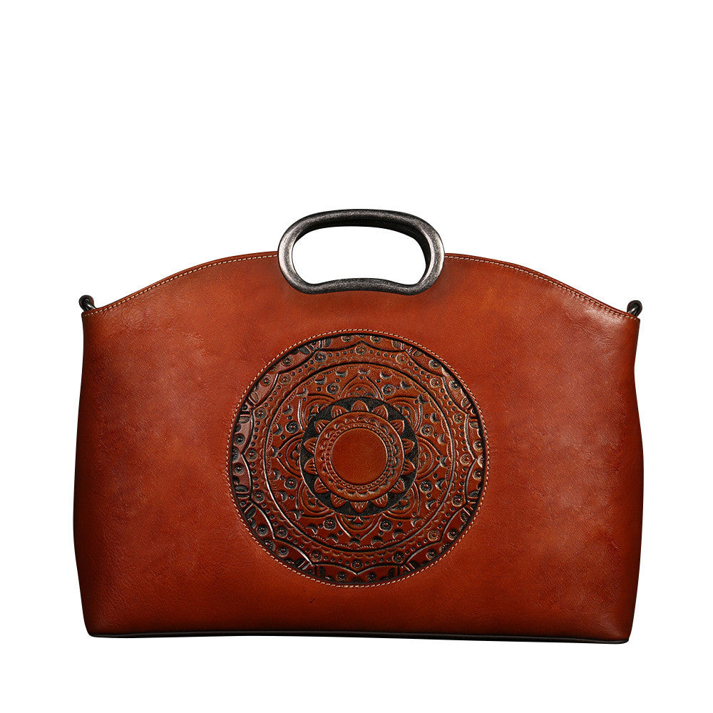 Women's Top Layer Cowhide Embossed Tote Bag – Retro Genuine Leather Shoulder Handbag