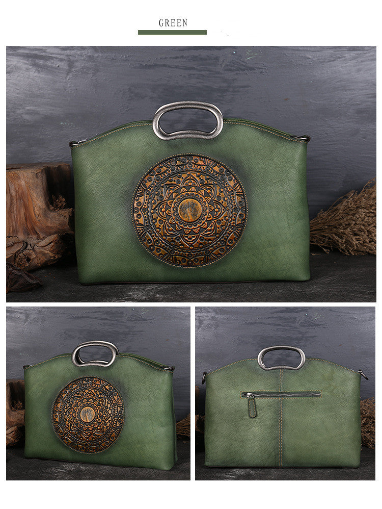 Women's Top Layer Cowhide Embossed Tote Bag – Retro Genuine Leather Shoulder Handbag