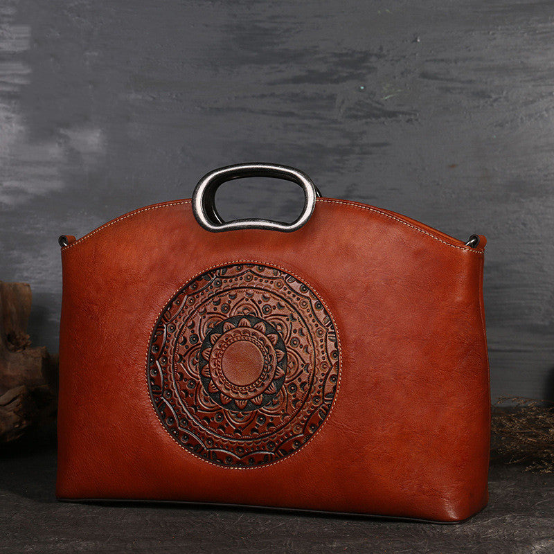 Women's Top Layer Cowhide Embossed Tote Bag – Retro Genuine Leather Shoulder Handbag