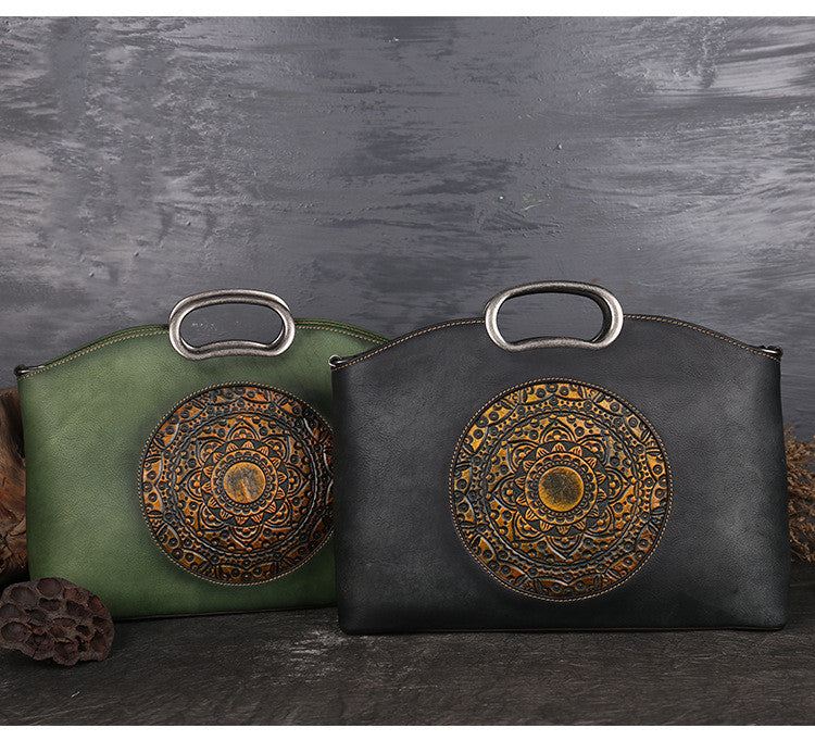 Women's Top Layer Cowhide Embossed Tote Bag – Retro Genuine Leather Shoulder Handbag