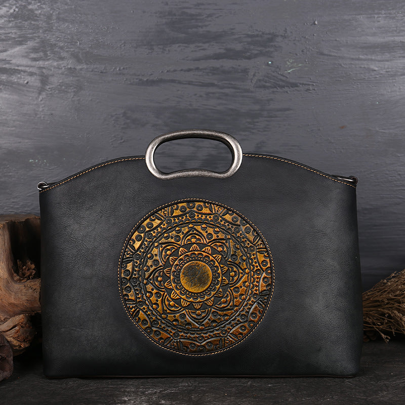 Women's Top Layer Cowhide Embossed Tote Bag – Retro Genuine Leather Shoulder Handbag