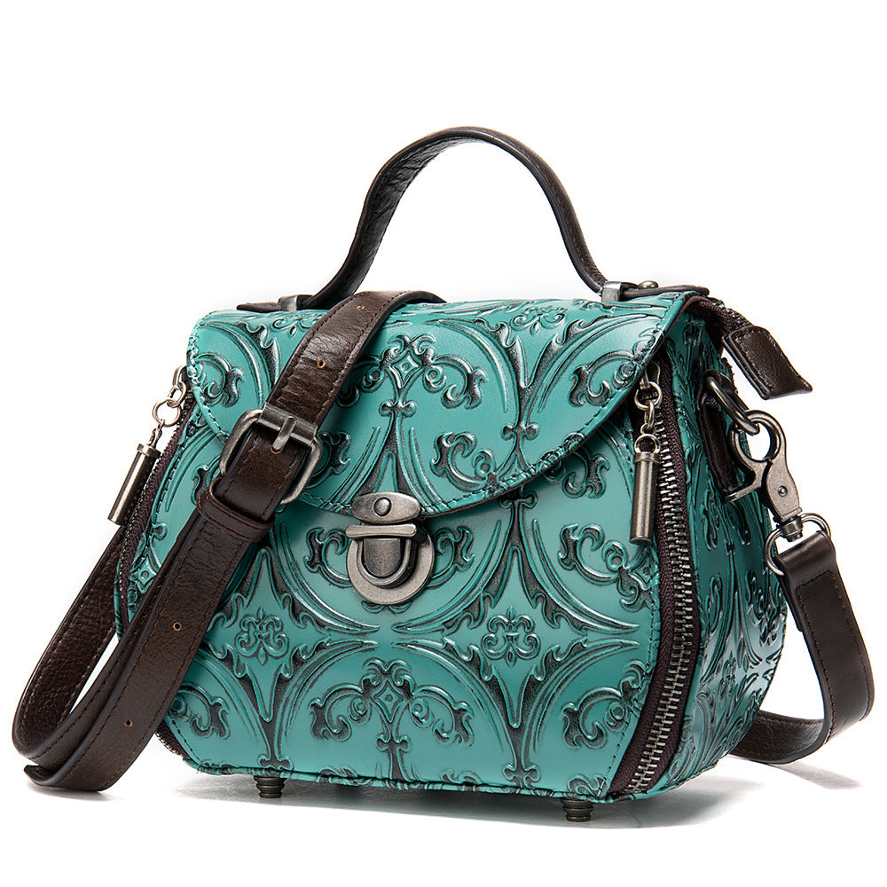 Women's First Layer Cowhide Embossed Bucket Bag – Geometric Soft Leather Shoulder Bag