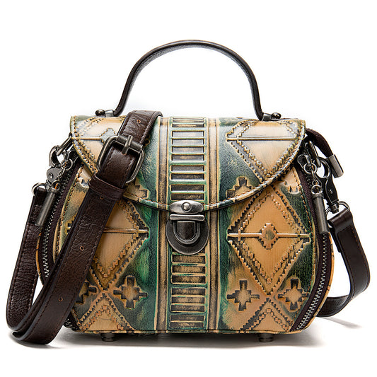 Women's First Layer Cowhide Embossed Bucket Bag – Geometric Soft Leather Shoulder Bag
