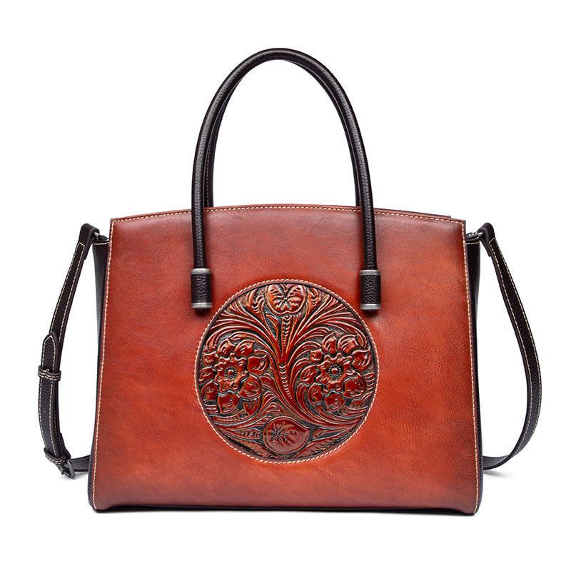 Women's First Layer Cowhide Floral Shoulder Bag – Large Genuine Leather Handbag with Laptop Pocket