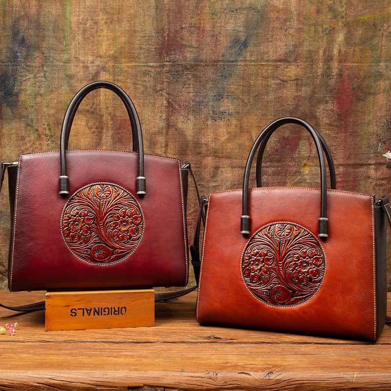 Women's First Layer Cowhide Floral Shoulder Bag – Large Genuine Leather Handbag with Laptop Pocket