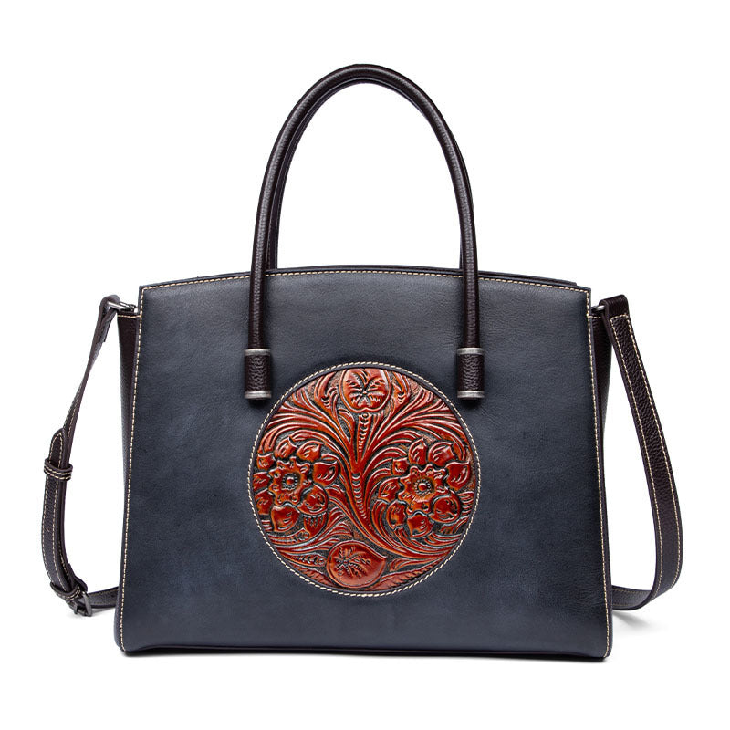 Women's First Layer Cowhide Floral Shoulder Bag – Large Genuine Leather Handbag with Laptop Pocket