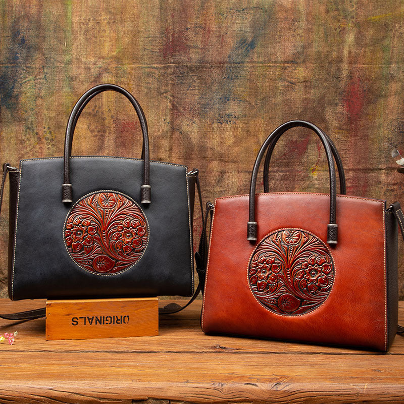 Women's First Layer Cowhide Floral Shoulder Bag – Large Genuine Leather Handbag with Laptop Pocket